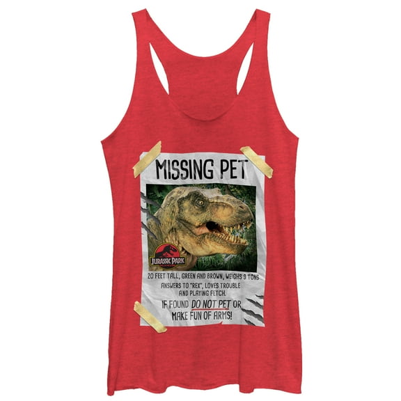 Women's Jurassic Park T. Rex Missing Pet  Racerback Tank Top Red Heather Medium