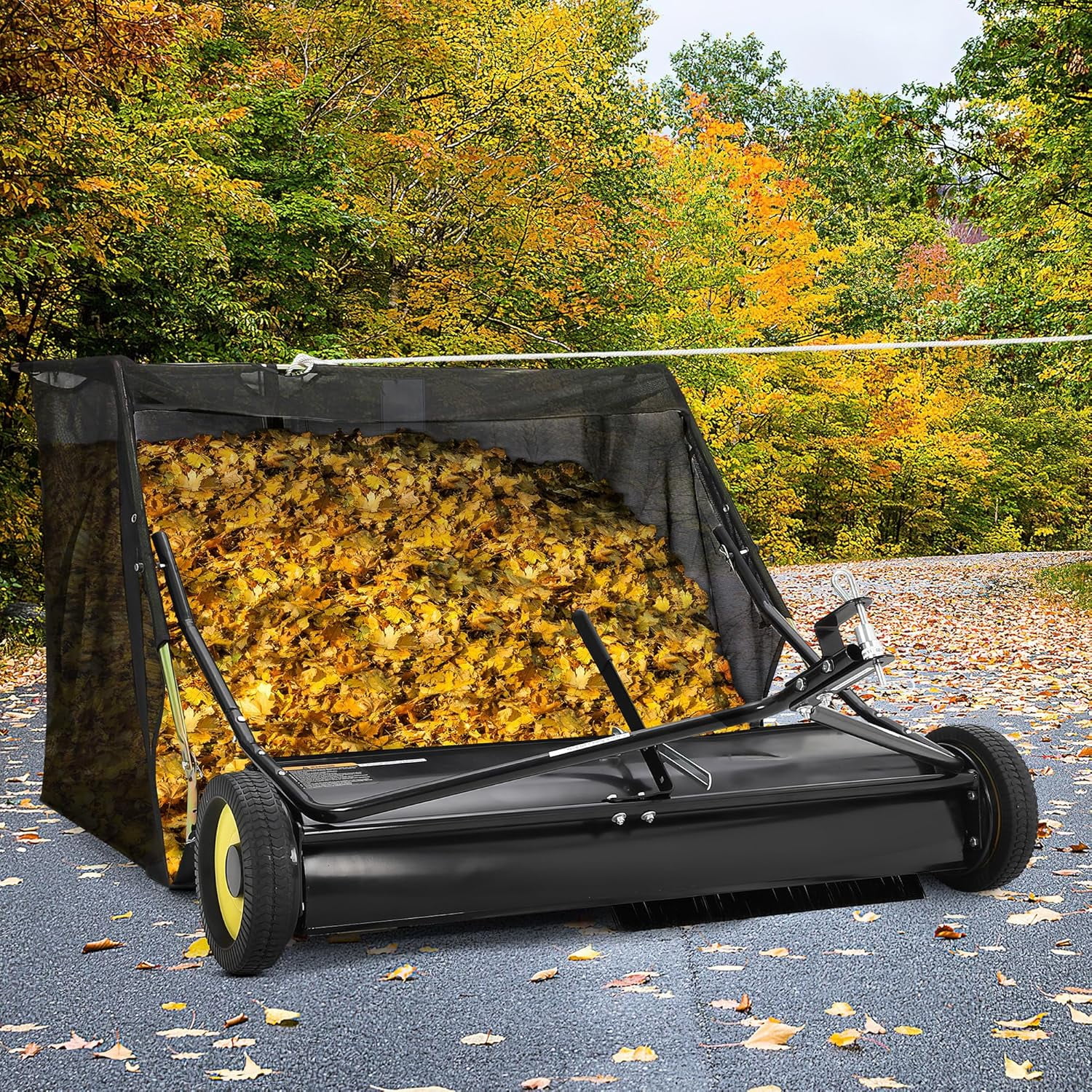 Rugerasy 44 inch Lawn Sweeper Tow Behind,Pull Behind Leaf Sweeper for Lawn Leaf Collector with Adjustable Height and Dumping Rope Desig,Easy Dumping,Black