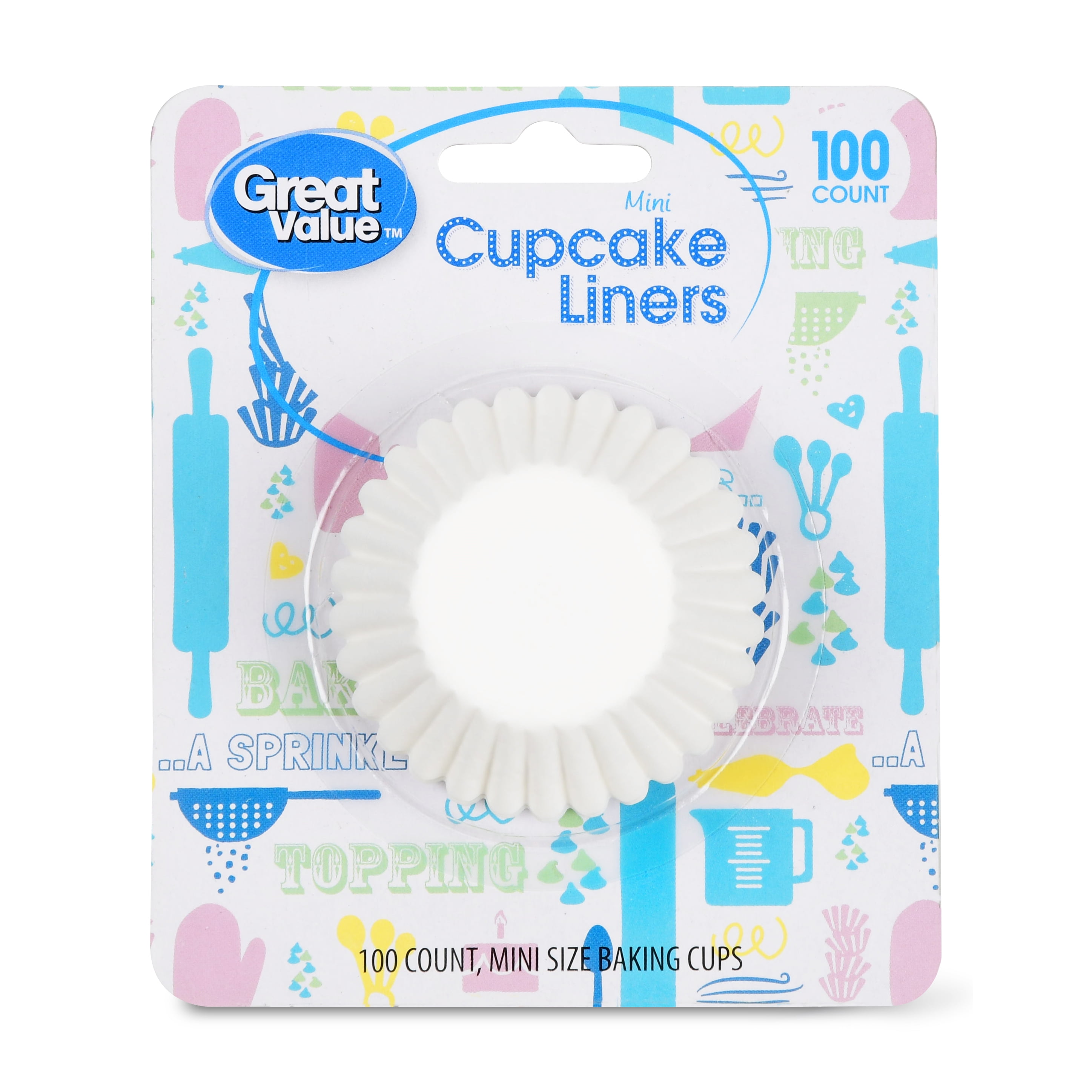 Great Value Mini Cupcake Liners, White, 100 Count