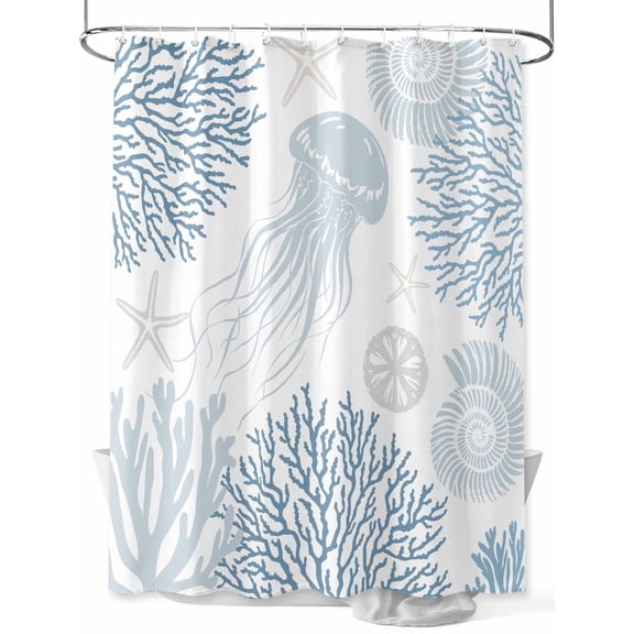 Fsddascl Blue Coastal Shower Curtain Set - Standard 72" x 72" Washable Bathtub Curtain with 12 Hooks, Coral Jellyfish Nautical Waterproof Fabric Stall Shower Curtains for Bathroom/Bathtub Décor