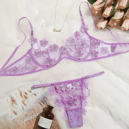 

MRULIC lingerie for women G-string Flowers Embroidery Bralette Lace Bra Bustier Lingerie Thong Purple + M
