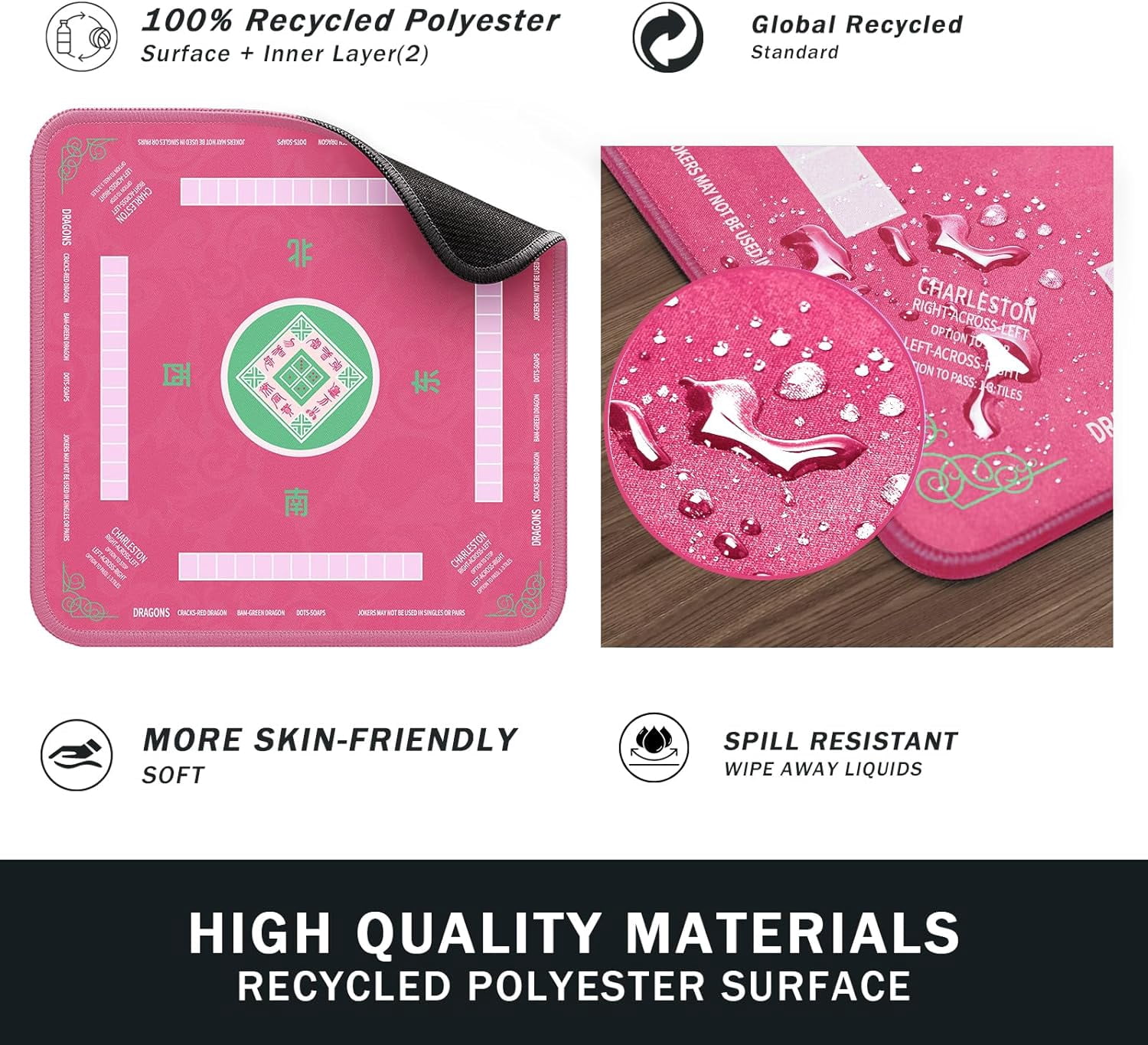Mahjong Mat, Noise Reduction Non-Slip Mahjong Mat for Table, 31.5x31.5 Inch Mahjong Table Mat for Poker, Board Games Table Mat, Card Games, Tile Games, Dominoes (Pink)