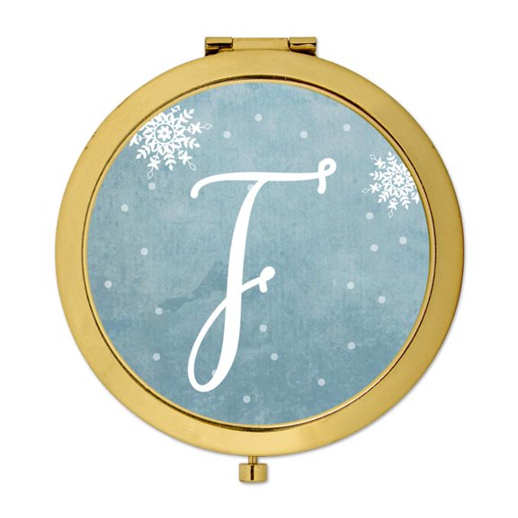 Koyal Wholesale Gold Compact Mirror Bridesmaid's Wedding Gift, Blue Winter Snowflakes, Monogram Letter F, 1-Pack