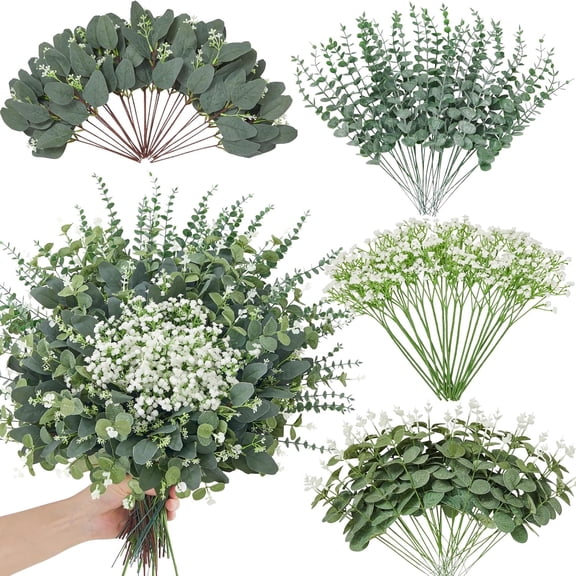 CandWuom 4 Kinds Mixed Eucalyptus Greenery Stems, Baby Breath Flowers Artificial Bulk and Greenery Stems for DIY Bouquets Wedding Home Floral Decor