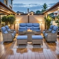 thumbnail image 2 of PARKWELL 8 Pieces Outdoor Patio High Back Furniture Set with Fire Pit Table, Luxury 6" Thick Conversation Set with Swivel Glider Chairs,Wicker Seating Set for Deck, Backyard,Brown/Navy, 2 of 13