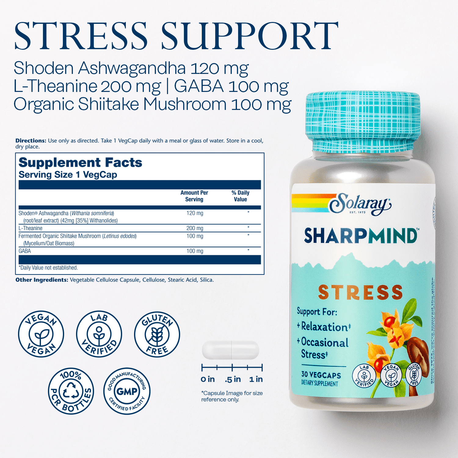 Solaray SharpMind Stress, Nootropic Mood Support Supplement, For Relaxation and Occasional Stress Relief Support, Adaptogen with Ashwagandha, L Theanine, 60 Day Money Guarantee, 30 Serv 30 VegCaps