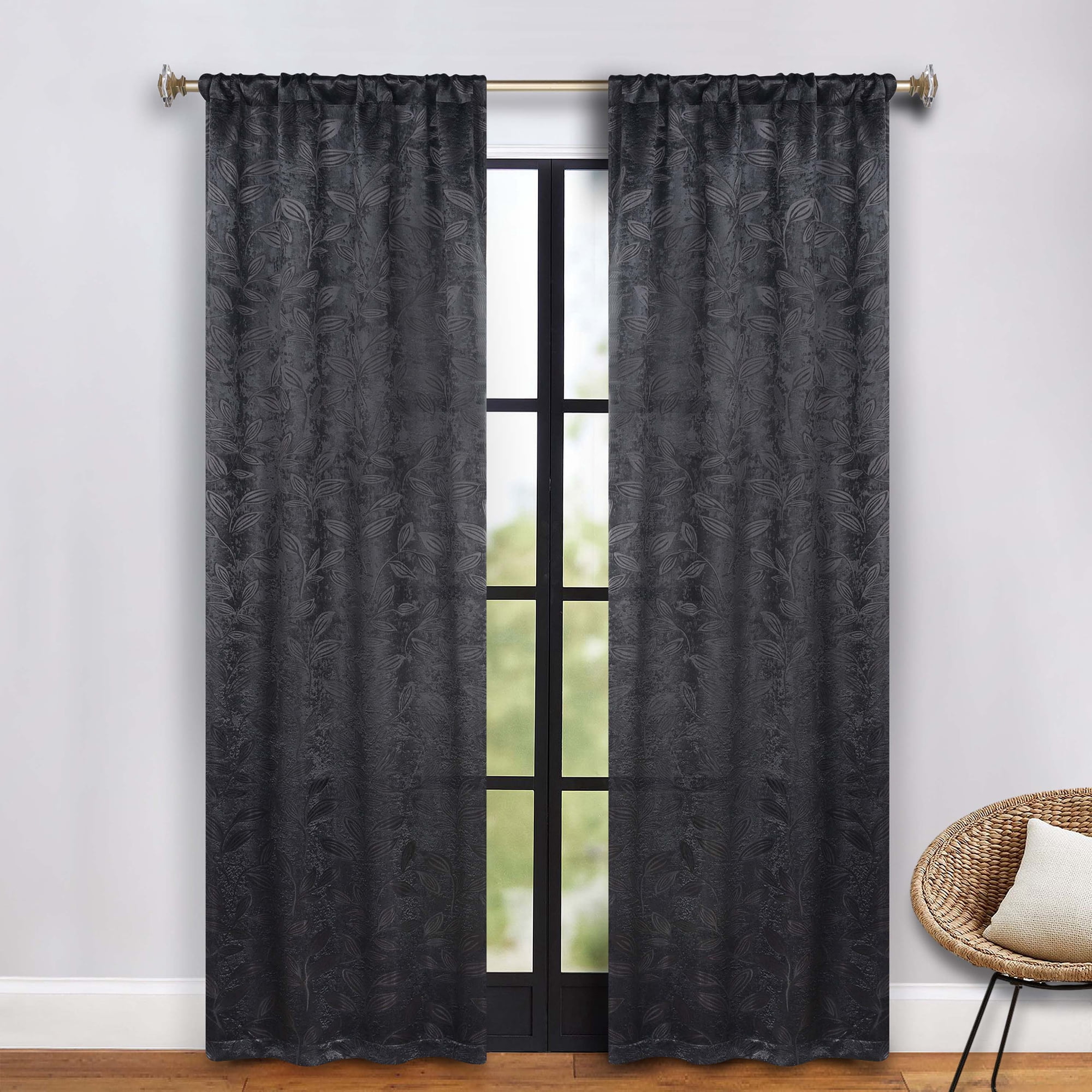 Superior Blackout Leaves Curtains Set of 2, Light Filtering Rod Pocket Curtain Panel Set, Black, 26"W x 84"L