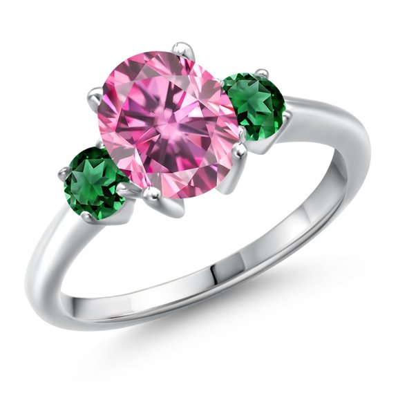Gem Stone King 925 Sterling Silver Pink Moissanite and Green Nano Emerald Engagement Ring for Women | 2.60 Cttw | Oval 9X7MM | Gemstone Birthstone | Size 8