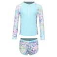 thumbnail image 1 of renvena Kids Girls Floral 2 Pcs Rash Guard Sets Zip Neck Swim Shirts With Shorts Swimsuits Light Blue 8Y, 1 of 6
