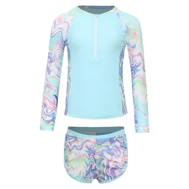 Sinleey Kids Girls Floral 2 Pcs Rash Guard Sets Zip Neck Swim Shirts With Shorts Swimsuits Light Blue 10Y