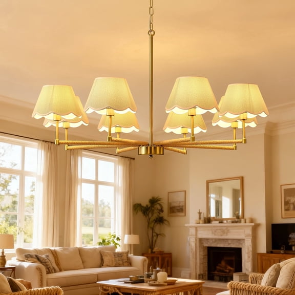 8-Light Modern Gold Chandelier with Fabric Shades, Adjustable Height