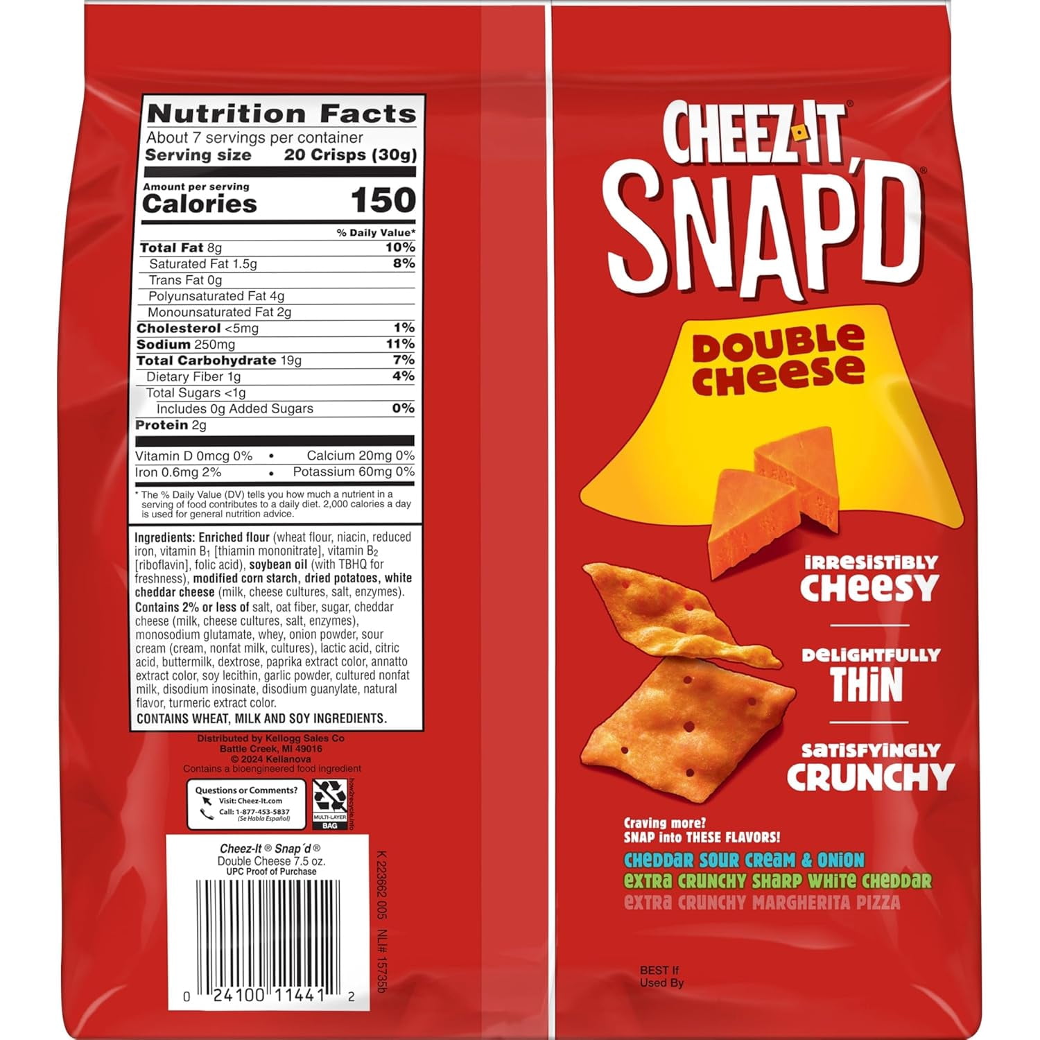 Cheez-It Snap'd Cheese Cracker Chips, Thin Crisps, Lunch Snacks, Double Cheese, 45oz Case (6 Bags)