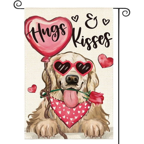 Golden Retriever Hugs Kisses Garden Flag 12x18 Inch Double Sided Valentine's Day Anniversary Outdoor Decor