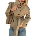 thumbnail image 2 of Women'S Cropped Trench Coat Double Breasted Short Jacket High Collar Fall Winter Coats Trendy Outfit with Belt Khaki M, 2 of 9