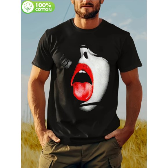 Men's Bold Red Lips & Tongue Graphic Tee - Heavyweight 100% Cotton Shirt, Non-Transparent Fabric for Gym, Streetwear & Everyday - All-Season Casual T-Shirt for Men, Gym Apparel, Co