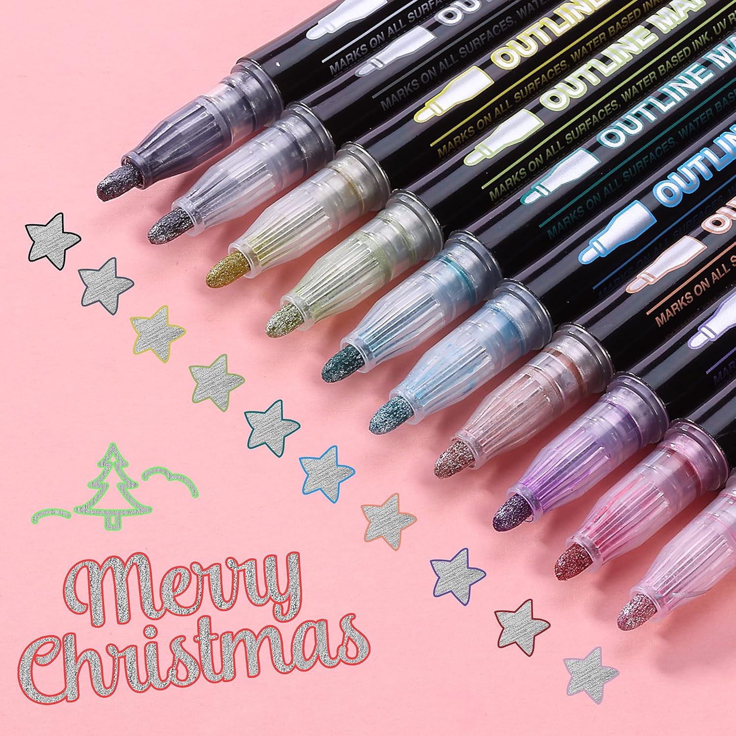 Dreamy Sparkle Dual-Line Contour Pen, 12 Colors Glitter Outline Markers with Metallic Ink for Crafts, Wood, Glass, Plastic, Quick-Dry Smudge-Proof