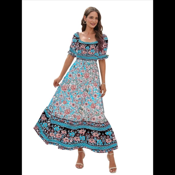 Vestido Informal, Fluido, con Estampado Floral Bohemio, Hombros Descubiertos, para Mujer (Verano 2025) Azul XXL