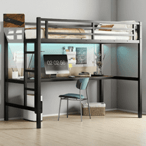 Metal Twin XL Loft Bed with Desk, Space-Saving Design, Power Outlets & LED Lights, Noise Reduced, Sturdy Black Metal Frame, for Teens and Small Rooms