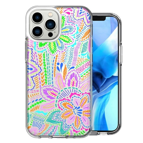 MUNDAZE Case for Apple iPhone 15 Pro Max Slim Hard Shell Soft TPU Hybrid Shockproof Heavy Duty Protective Phone Cover - Colorful Summer Flowers Doodle Art Design