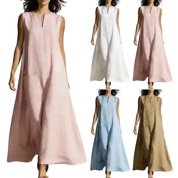 Bxsruta Womens Maxi Dress Casual V Neck Sleeveless Flowy Long Dresses with Pockets