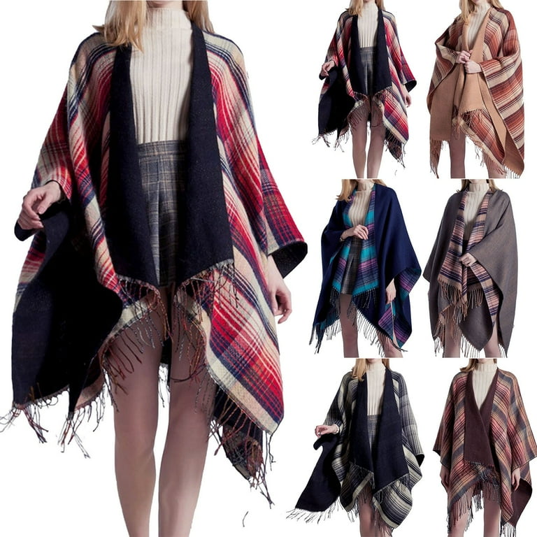 Breezy Lane Dames sjaal wrap plaid poncho cape oversized open voorkant gebreide cape kwast deken cardigan voor herfst winter vakantie, One size