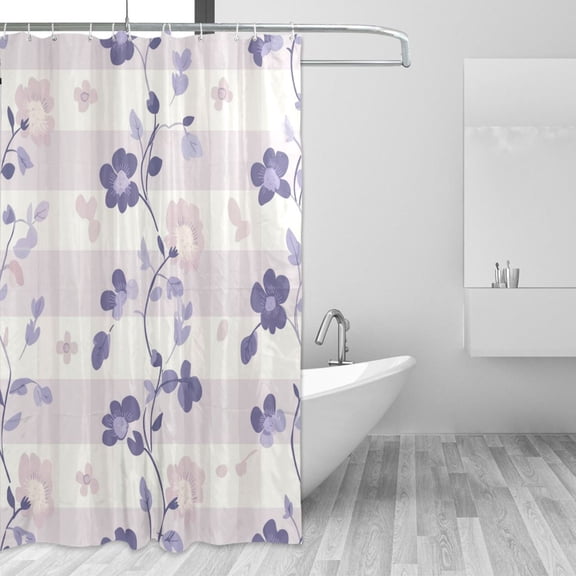 Light Purple Checkerboard Florals Leaves Shower Curtains with 12 Hooks Waterproof Bathroom Decor 66" x 72"