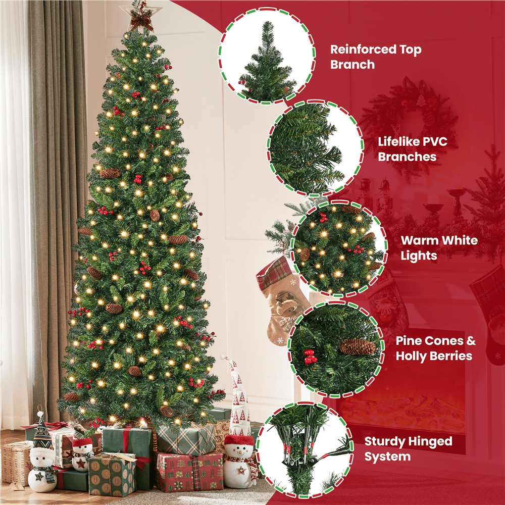 Alden Design 7.5Ft Pre-lit Artificial Christmas Tree with Pinecones & Holly Berries, Green