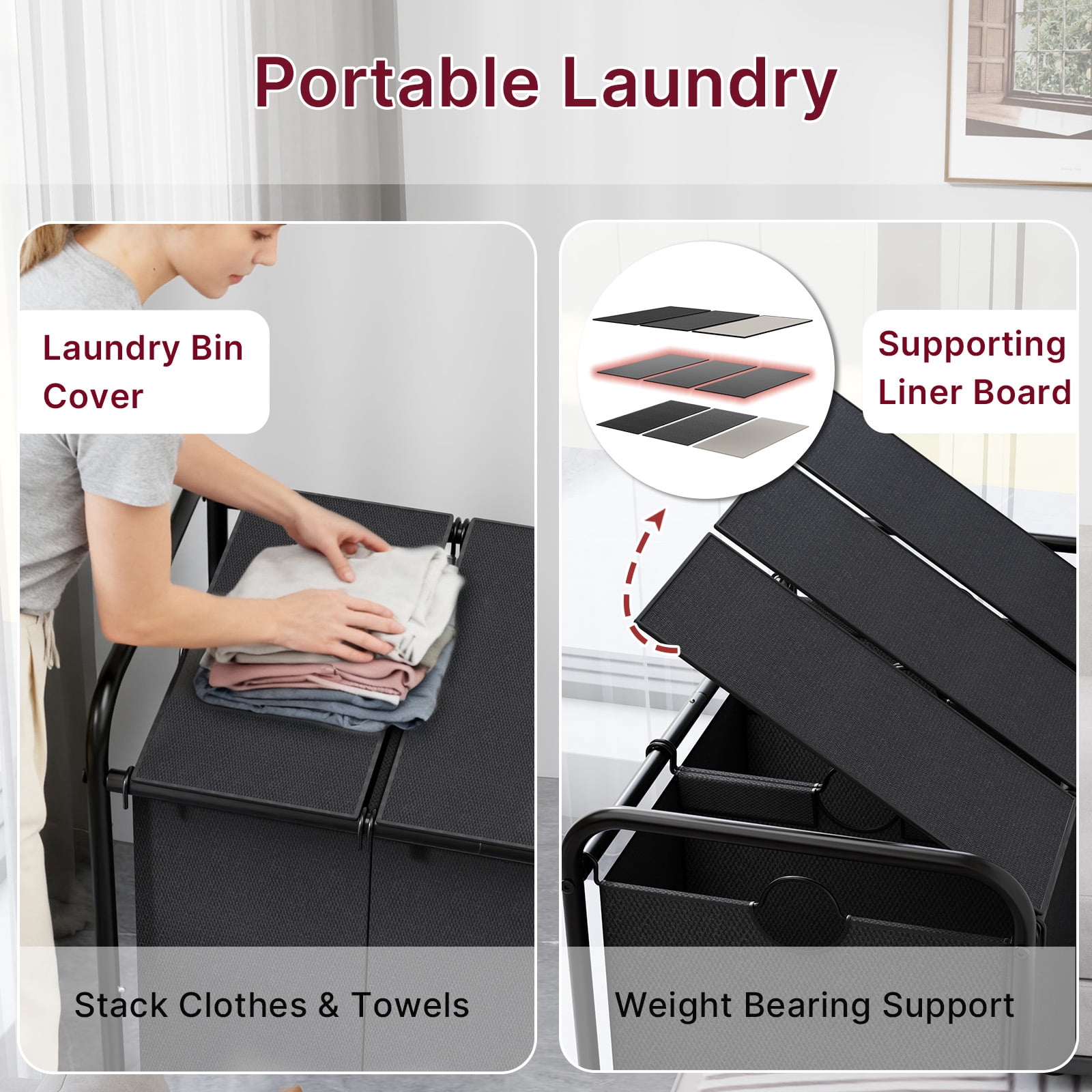 180L (47.55 Gal) Laundry Sorter 3 Section, Rolling Laundry Basket with Lockable Wheels and Lid, Laundry Hamper with 3 Separated Removable Bags Dirty Clothes Hamper for Laundry Room Organizer, Black