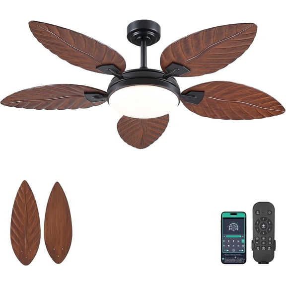 PHORUS 62" Tropical Palm Leaf Ceiling Fan with LED Light & App Control, Quiet Reversible DC Motor, 6 Speeds, Dimmable for Porch, Patio & Indoor,Dark Brown