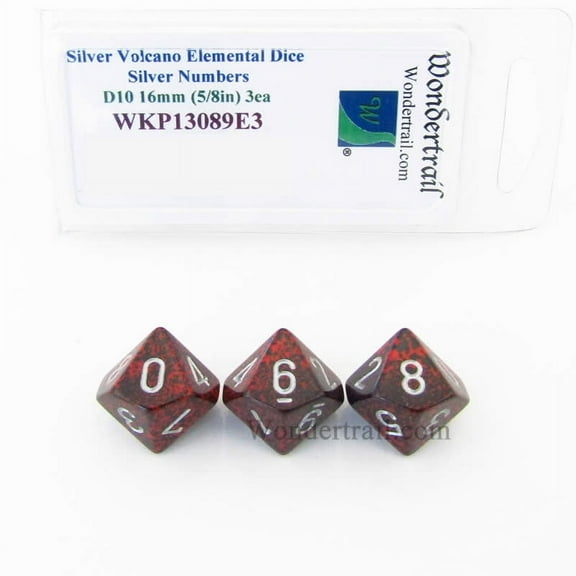 Silver Volcano Elemental Dice with Silver Numbers 16mm (5/8in) D10 Pack of 3 Wondertrail