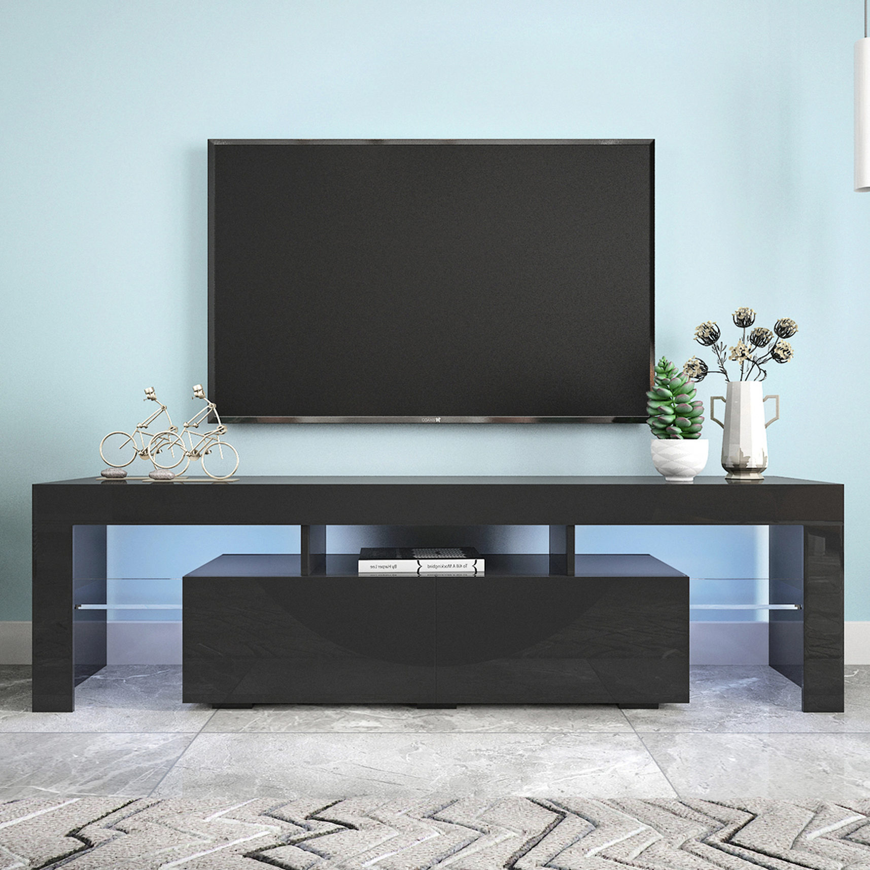 20 - Color LED, Black MDF TV Stand with 66.15lbs Load - Bearing / Remote Lights, Fits 60 - 69" Flat - Screen TVs