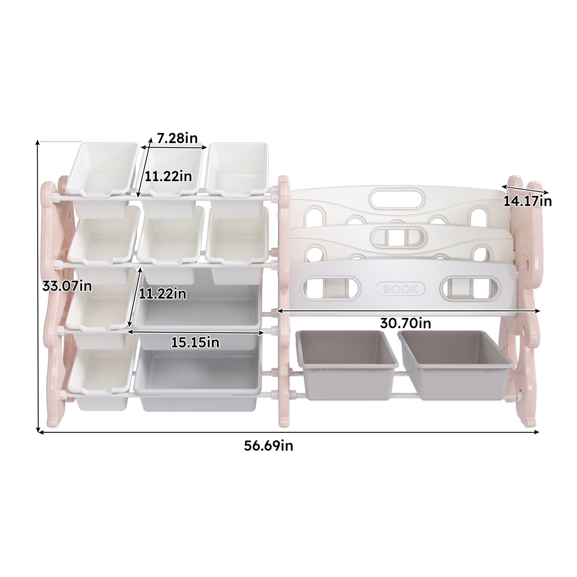 Montary 2-in-1 Kids Storage Rack w/ 12 Bins & 2-Tier Shelf - Playroom/Bedroom Organizer (Pink)