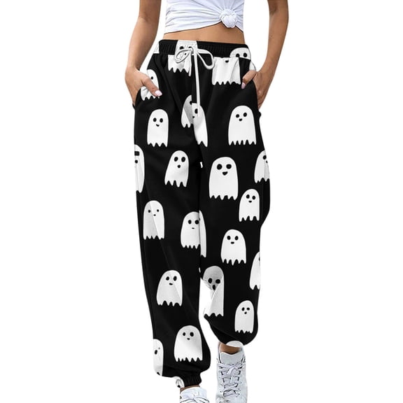 WTOBBY Women's Retro Halloween Print Sweatpants High Waist with Pockets Casual Drawstring Elastic Waist Long Lounge Pants for Jogging and Athletic Wear,Black L