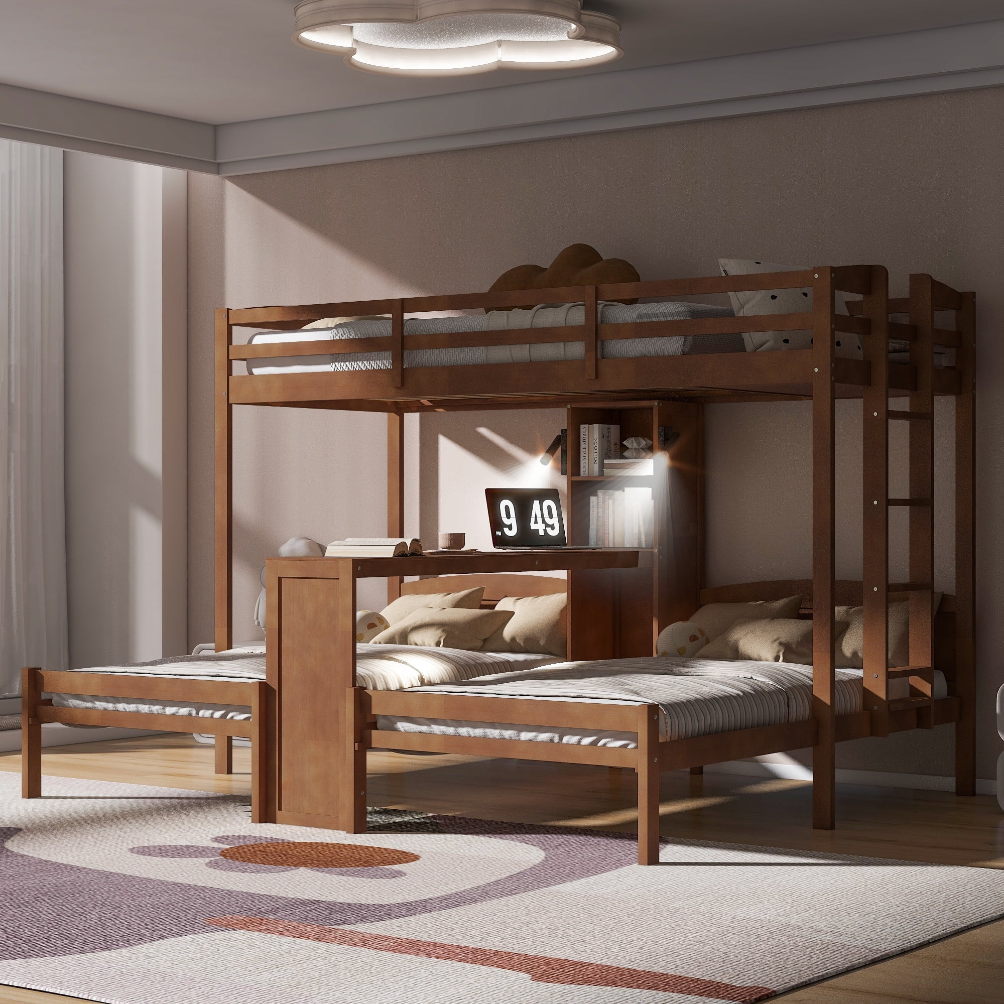 Mintazer Twin over Twin over Twin Bunk Bed with Desk, Bunk Bed with Reading Lamp and Storage Shelves, Brown