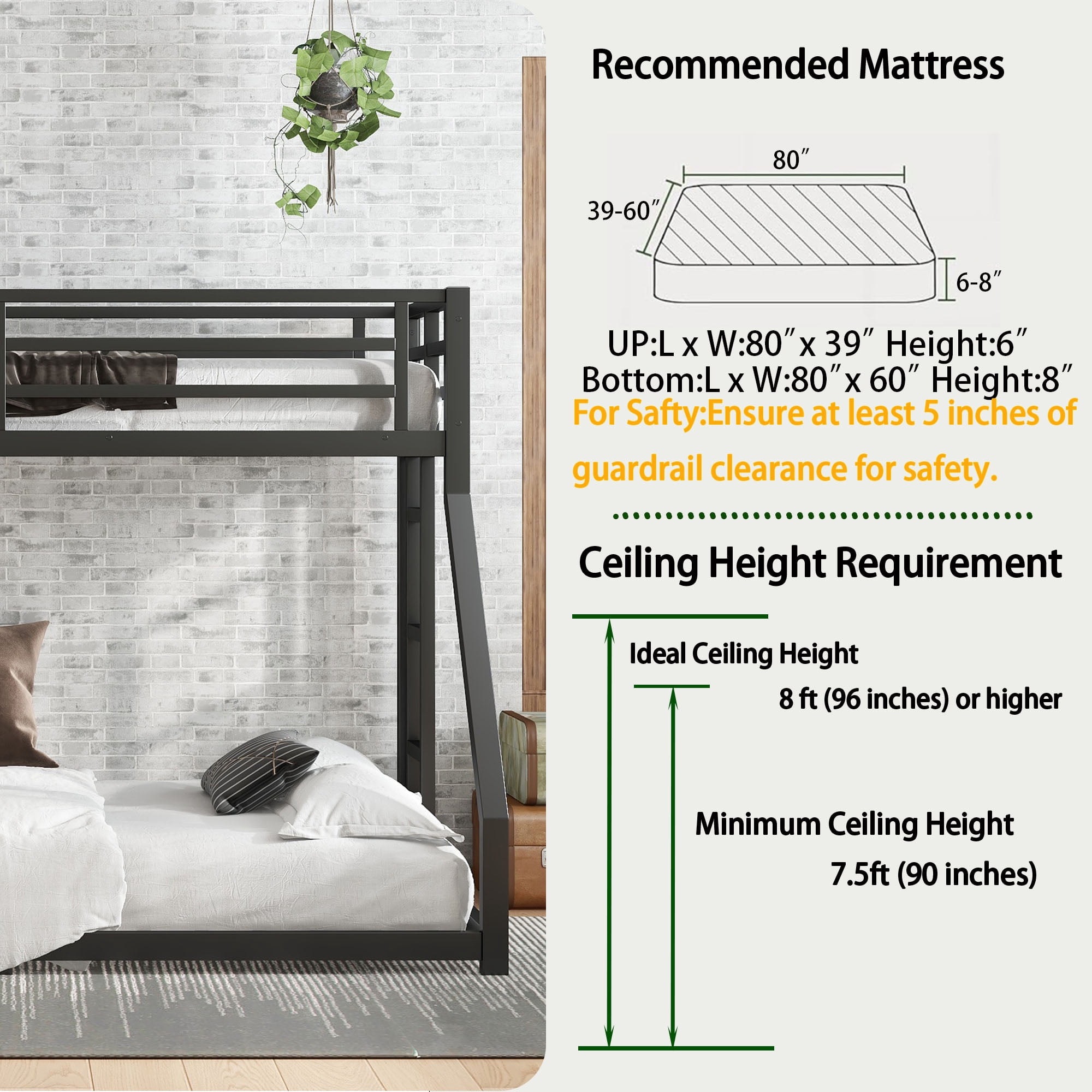 Miniyam Twin XL Over Queen Metal Bunk Bed Frame with Guardrail and Dual Ladders, Heavy-Duty Steel, Black