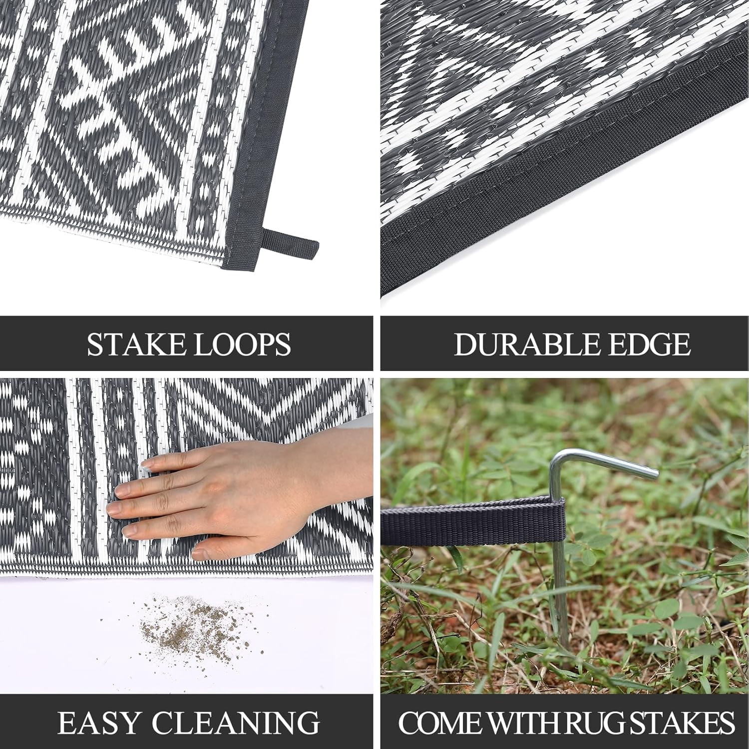 Twister.CK 5' x 8' Plastic Outdoor Rugs, Waterproof Bohemia Straw Rug Reversible Outside Carpet for Patio Deck Porch Backyard Camping Picnic Beach, Black & White