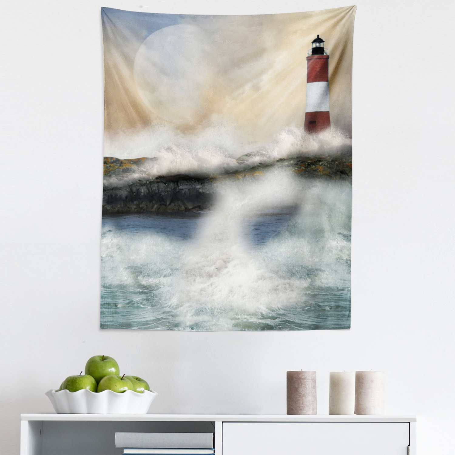 Lighthouse Tapestry, Oil Painting Style Art of Stormy Sea Splashing Waves Moon and Lighthouse