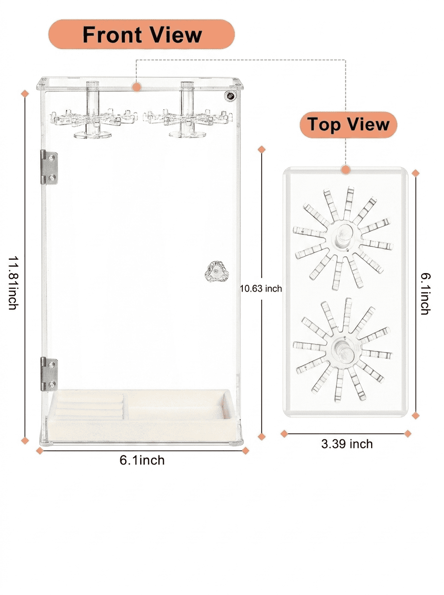 Cirhy Square Necklace Holder with Velvet Tray, Clear Acrylic Rotating Jewelry Organizer Box, Dustproof Necklace Display Case with 24 Hooks for Necklaces, Rings, Earrings, Bracelets