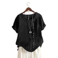 thumbnail image 5 of Tittly Womens Linen Shirt Women'S Gauze Tops Linen Blouses for Women Women's Retro Round Neck Button Cotton Linen Loose Casual Shirt Top T Shirt Beach Casual Black, 5 of 8