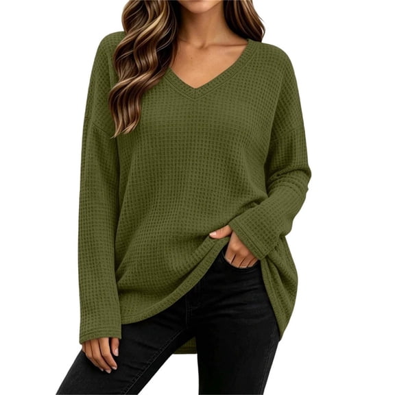 CHGBMOK Women's Plus Size Waffle Knit Shirts V Neck Long Sleeve Top Fall Casual Loose Fit Blouse