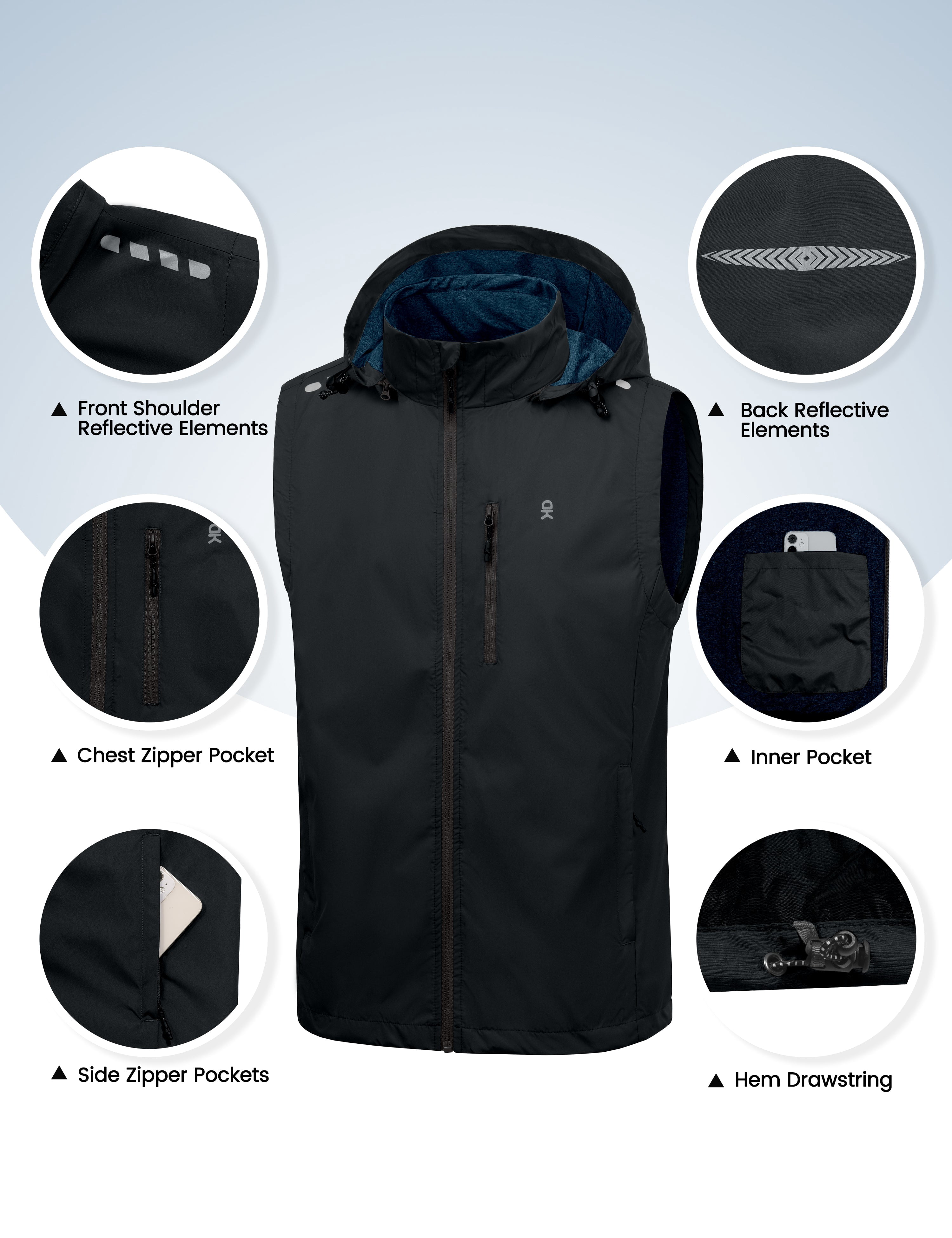 Little Donkey Andy Men's Lightweight Softshell Vest Detachable Hood Windproof Golf Sleeveless Jacket for Hiking Running Black 2XL