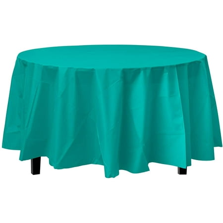

Exquisite 84” Round Tablecloth Cover - Teal Disposable Plastic Tablecloth - Heavy Duty Premium Plastic Disposable Table Cloth Round 1ct