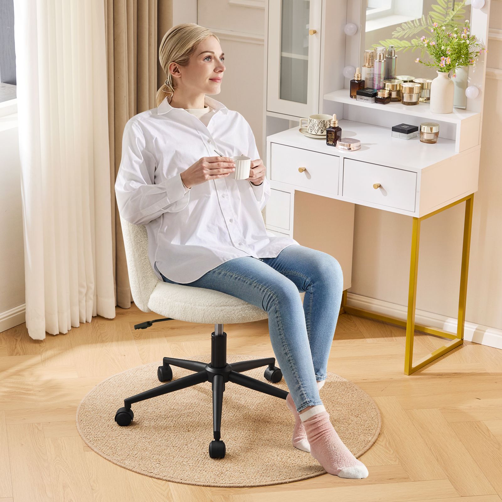 Furniliving Modern Upholstered Home Office Chair with Cloud Shaped Backrest, Cute Armless Vanity Chair, 360° Swivel Height Adjustable Desk Chair, Computer Task Chair for Bedroom, White