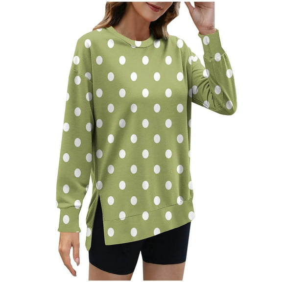 Crewneck Sweatshirts for Women Polka Dots Printed Cute Pullover Long Sleeve Tops Side Split Trendy Outfit (XL, Yellow)