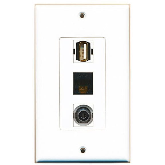 RiteAV - 1 Port USB A-A and 1 Port 3.5mm and 1 Port Cat6 Ethernet Black Decorative Wall Plate Decorative