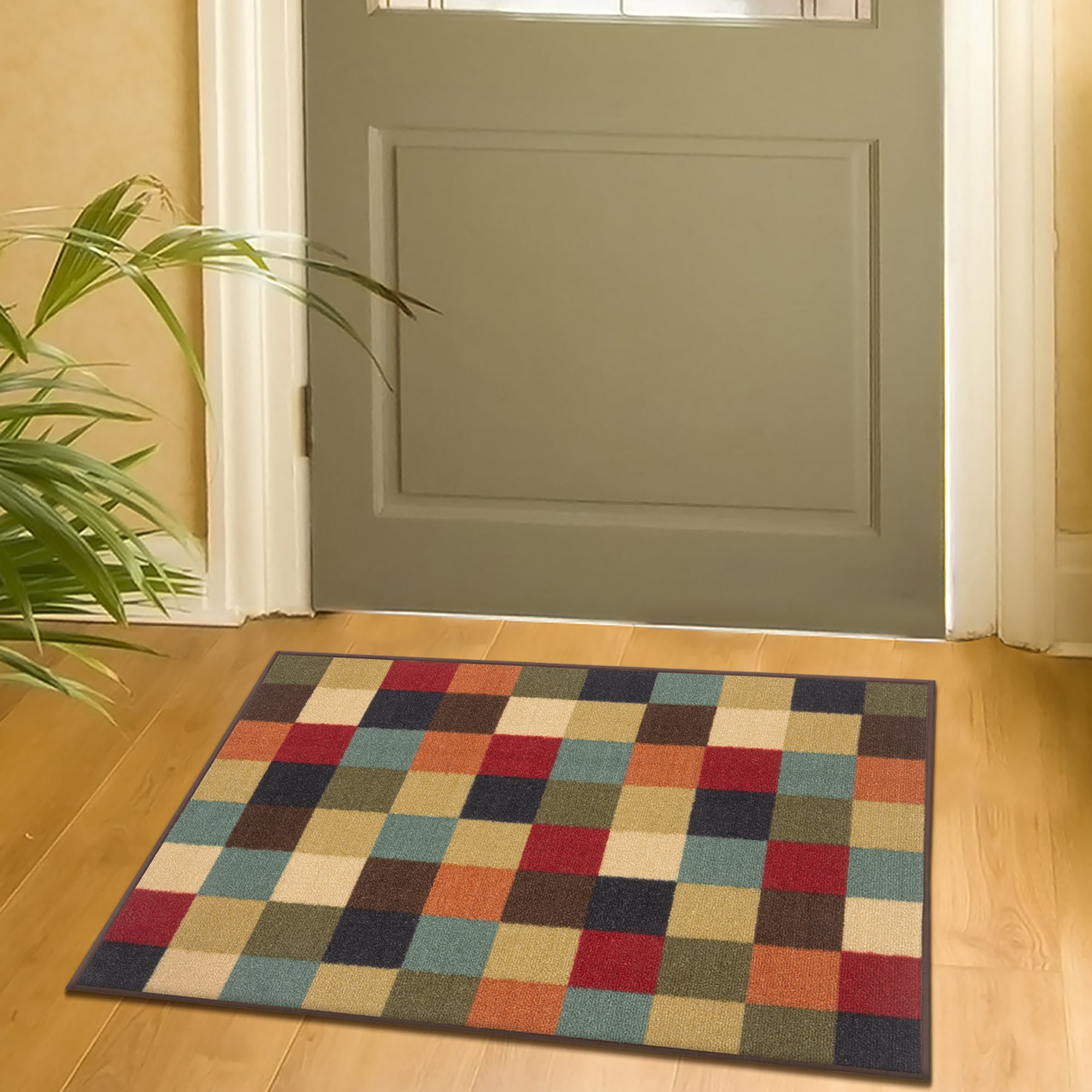 Ottomanson Non-Slip Accent Rug 2'7" x 3' – Low Pile Entryway Bedroom Small Rug, Checkered Multicolor