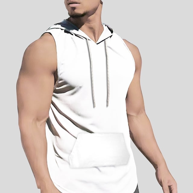 Camiseta Sin Mangas Informal Ligeramente Elástica Con Cuello Redondo Y Capucha Para Hombre Con Bolsillo Canguro, Camiseta Sin Mangas Para Hombre Para Entrenamiento De Gimnasio Al Aire Libre De Verano