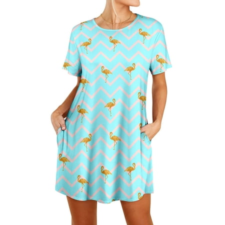 

MHL Women Flamingo Leaf Pineapple Print Round Neck Short Sleeve Sleep Dress