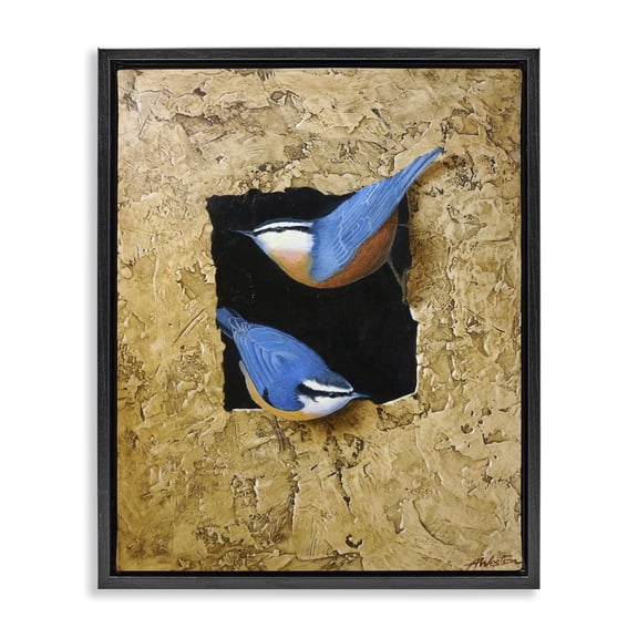 Stupell Industries Farmhouse Blue Bird Pair Perched Rough Layered Structure Black Floating Frame Canvas Art, 17 x 21, by Alan Weston