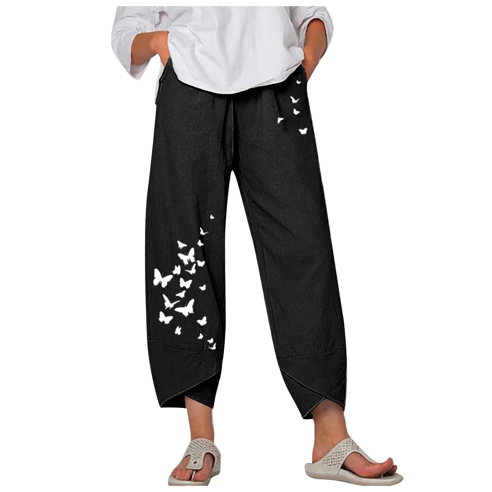 Womens Pants Casual Trendy Butterfly Print WideLeg Cotton Loose Pant